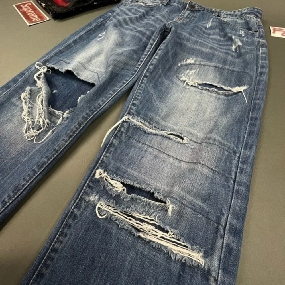 Thrashed Hige Faded Designer Denim Blue Ripped Jeans Stitching and Patchwork 💎 - Picture 6 of 16
